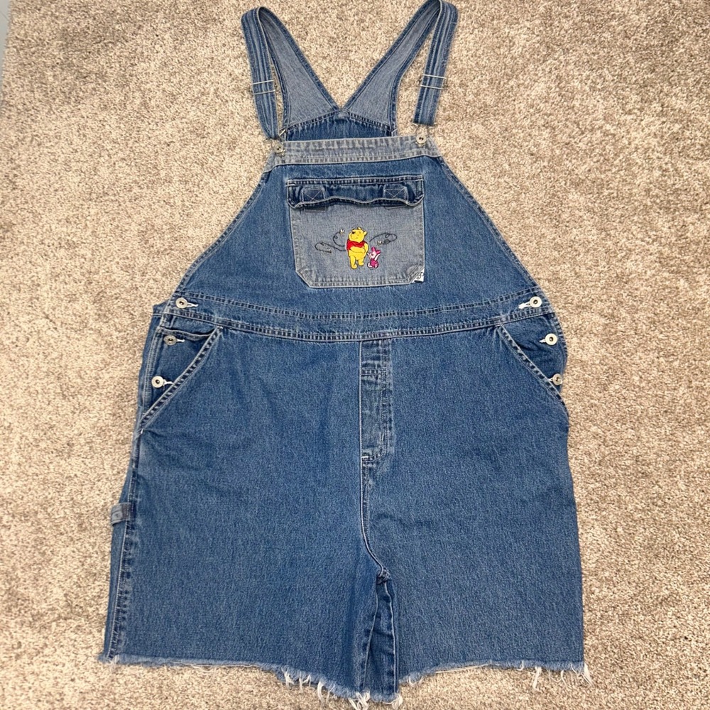 Vintage Winnie The Pooh Piglet Denim Overalls Short Women Size 20 Cutoffs - Picture 2 of 10